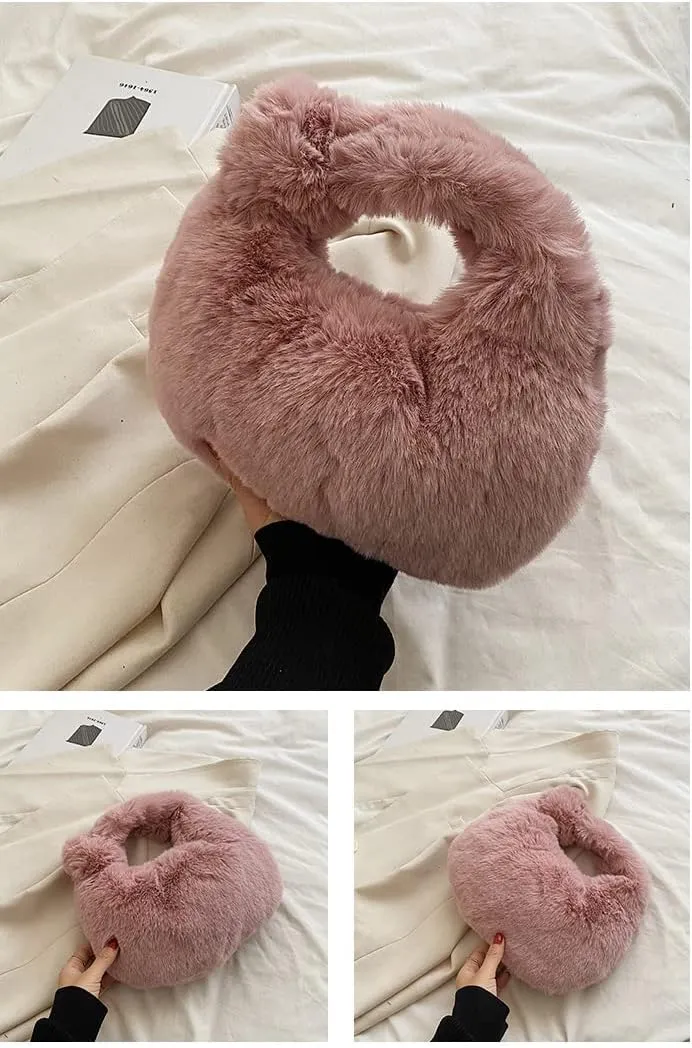 XPONNI Fuzzy Dumpling Bags, Cute Fluffy Y2k Handbags, Soft Knotted Faux Fur Bags with Zipper