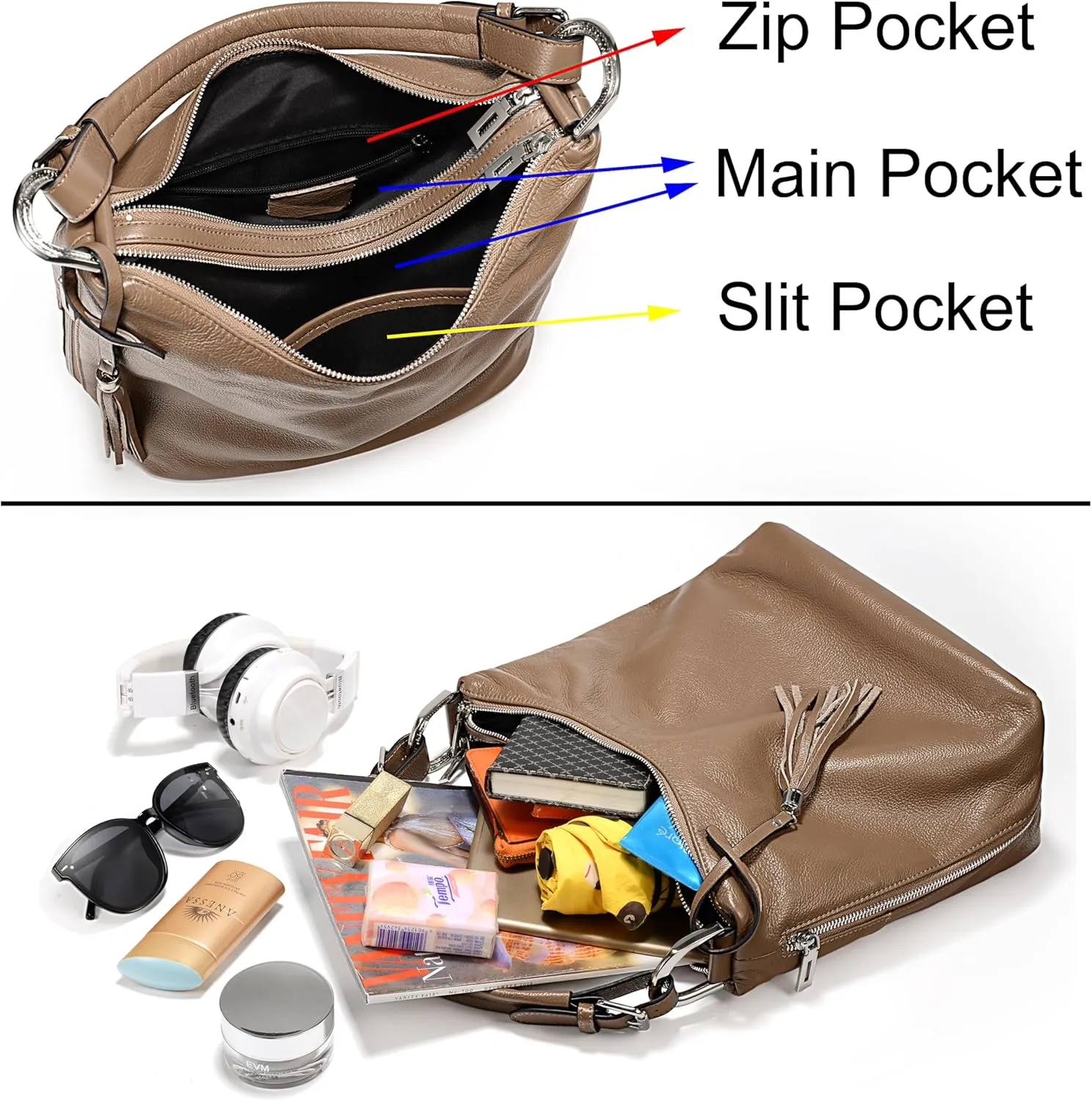 YALUXE Women's Genuine Leather Hobo Handbags Purses Shoulder Bags Cross-body Bags with Double Zippered Pockets