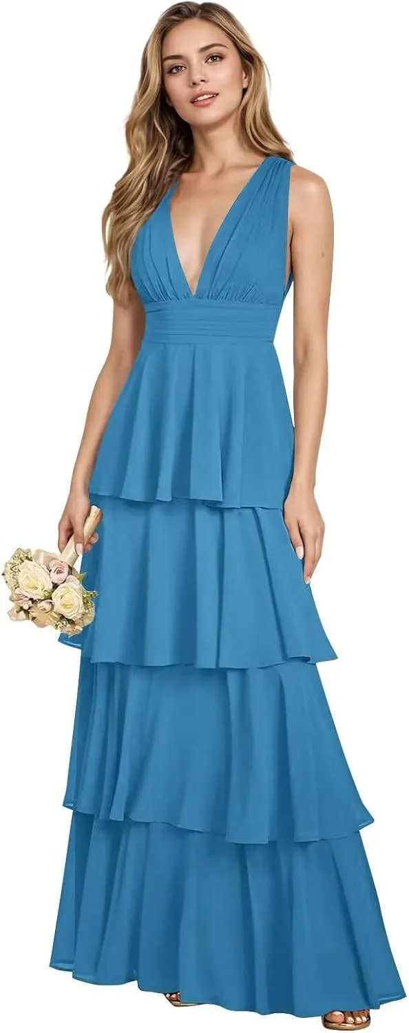 yinyyinhs V Neck Chiffon Bridesmaid Dresses for Women 2025 Long Tiered A-Line Ruffles Formal Evening Party Dress