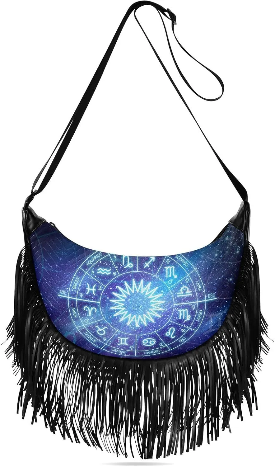 Zodiac-circle-space Women Tassel Fringe Shoulder bag, Fringe Purse Crossbody, Women Tassel Hobo Bag with Zipper