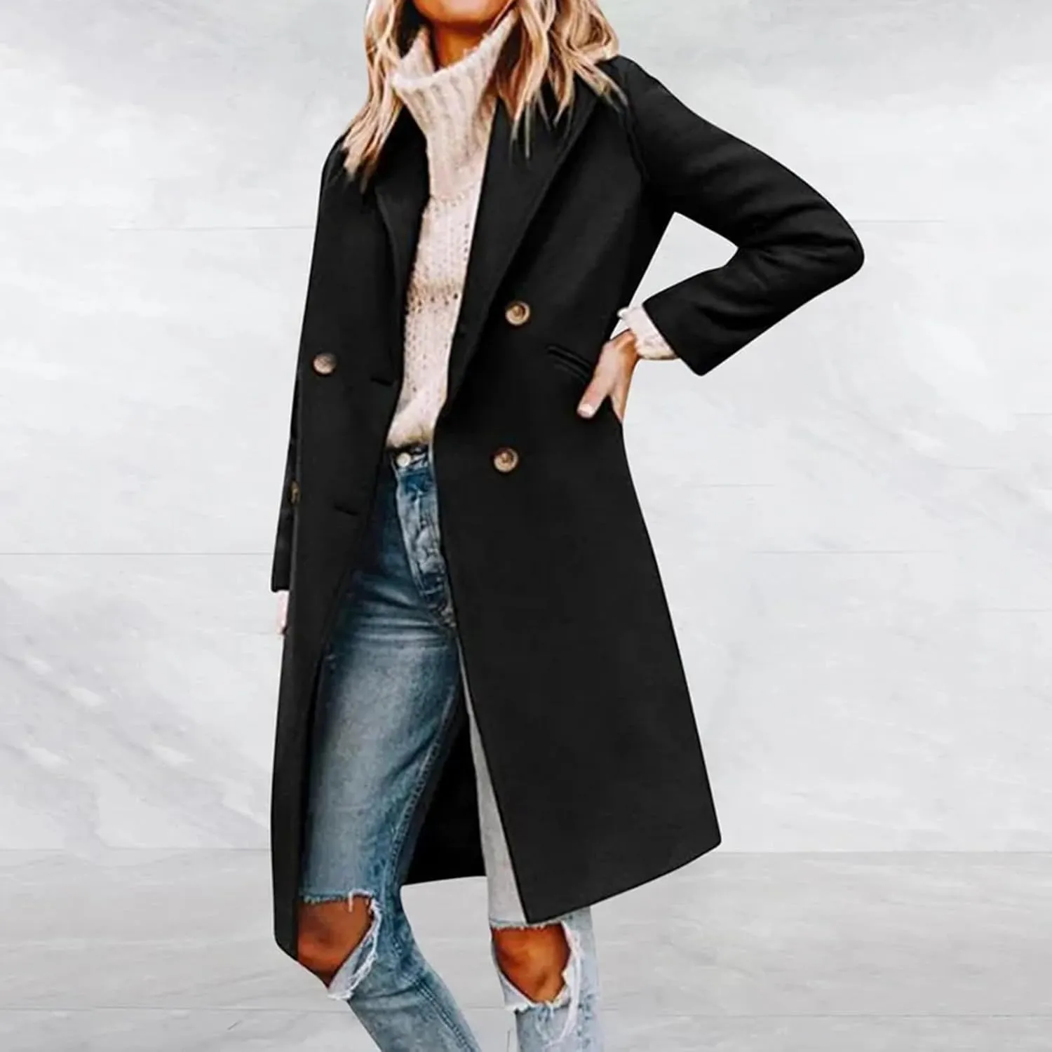 ZWRXW Women's Notch Lapel Pea Coat Double Breasted Wool Blend Coats Winter Elegant Mid Long Trench Coats Outwear with Pockets