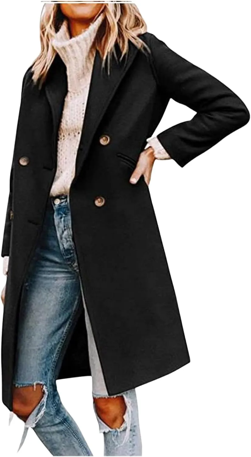 ZWRXW Women's Notch Lapel Pea Coat Double Breasted Wool Blend Coats Winter Elegant Mid Long Trench Coats Outwear with Pockets